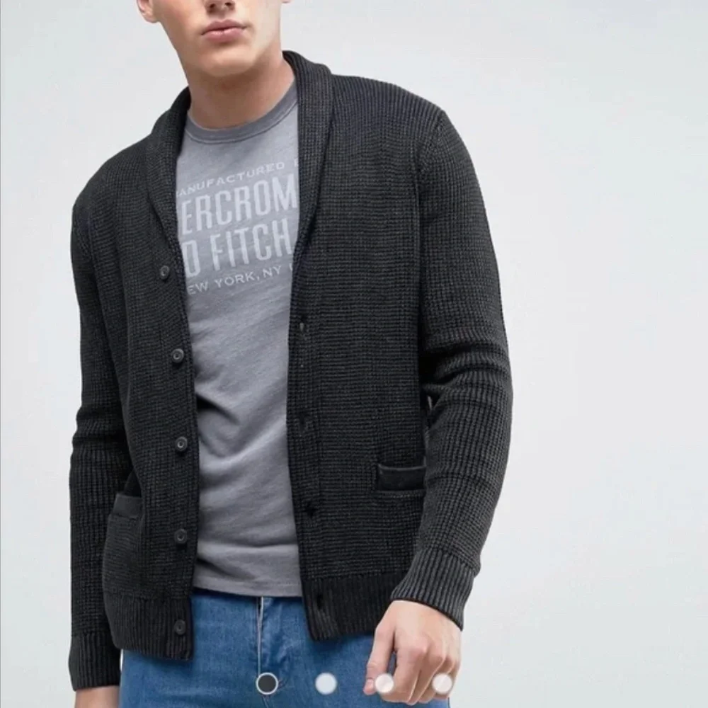 Abercrombie Shawl Collar Cardigan S Cotton Waffle Knit Charcoal Preppy Old Money